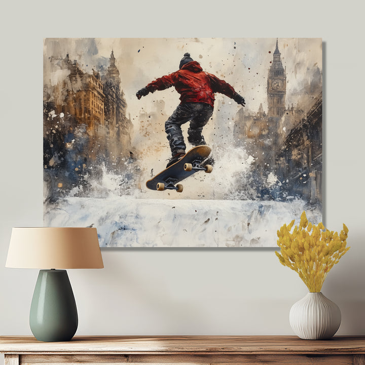 Black Skateboard Street Accented With Red - Skateboard Canvas Wall Art