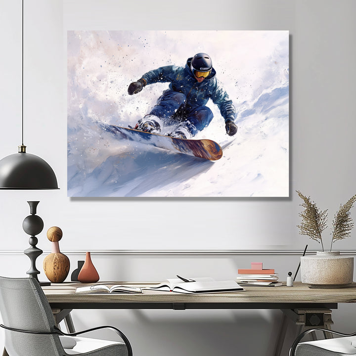 White Snowboard Big Air Mens Accented With Green - Winter Sport Canvas Wall Art