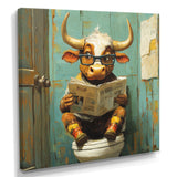 Cute Cow Reading Newspaper In The Bathroom - White Cow Wall Art