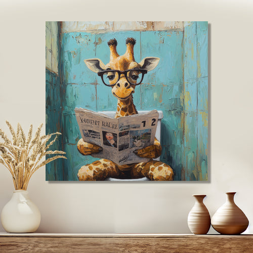 Giraffe Reading The News In The Bathroom - Brown Giraffe Wall Art