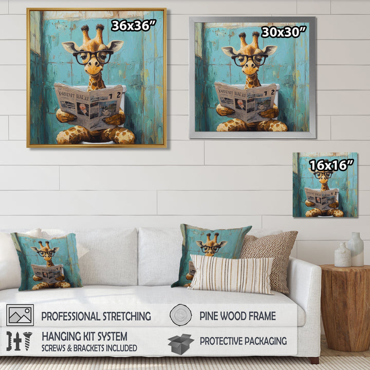 Giraffe Reading The News In The Bathroom - Brown Giraffe Wall Art