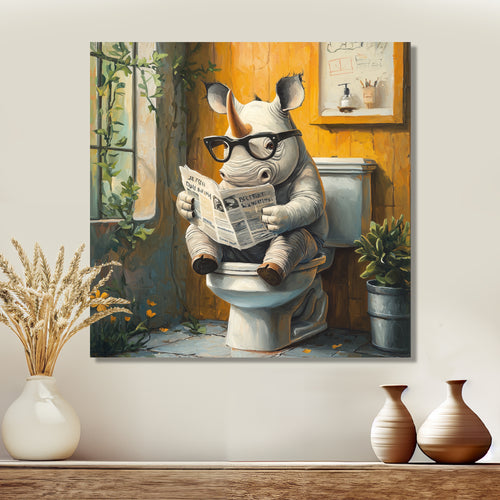 Cute Rhino Ready Newspaper On The Toilet - Rhino Canvas Wall Art