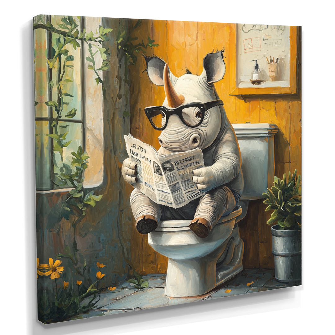 Cute Rhino Ready Newspaper On The Toilet - Rhino Canvas Wall Art