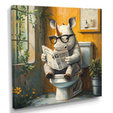 Cute Rhino Ready Newspaper On The Toilet - Rhino Canvas Wall Art
