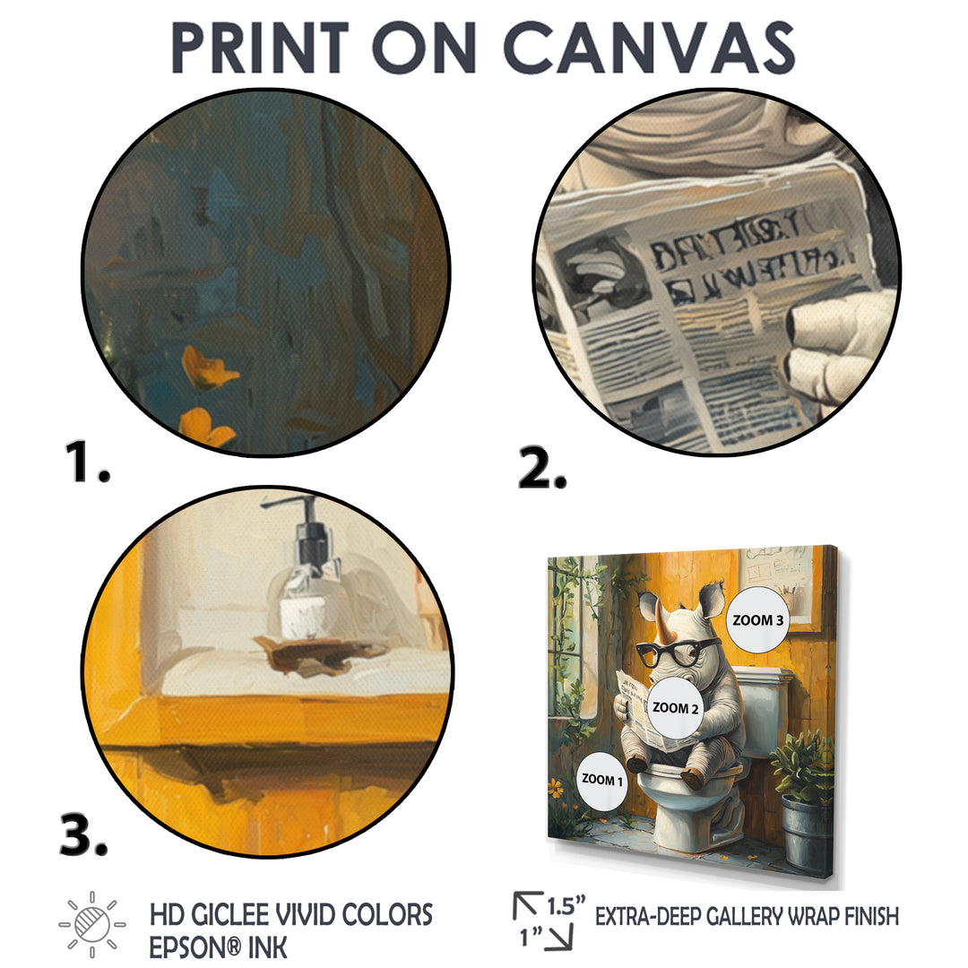 Cute Rhino Ready Newspaper On The Toilet - Rhino Canvas Wall Art