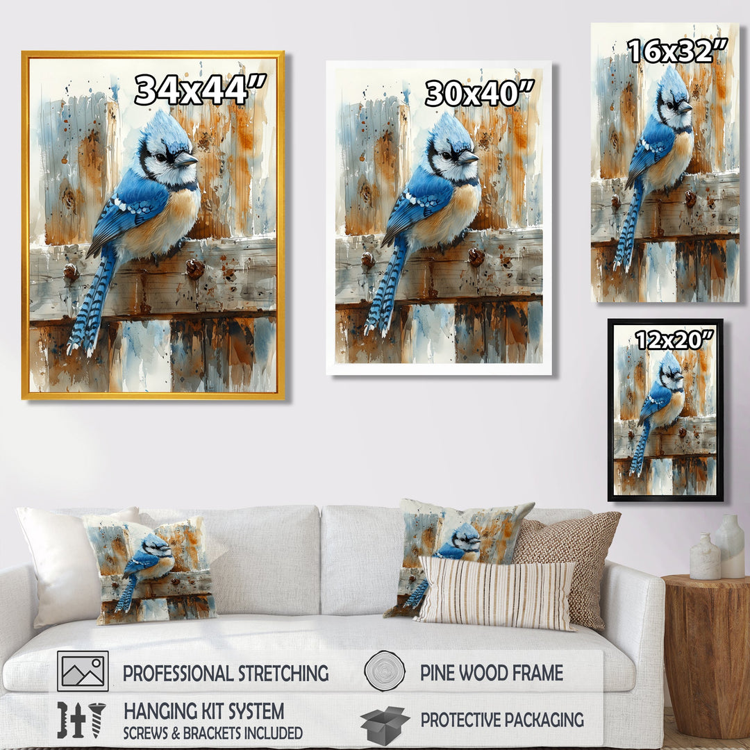 Blue Jay On The Farm Gate - Bird Framed Canvas Art