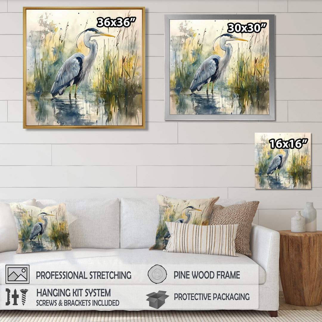 Heron By The Farm Lake - Heron Large Canvas Wall Art