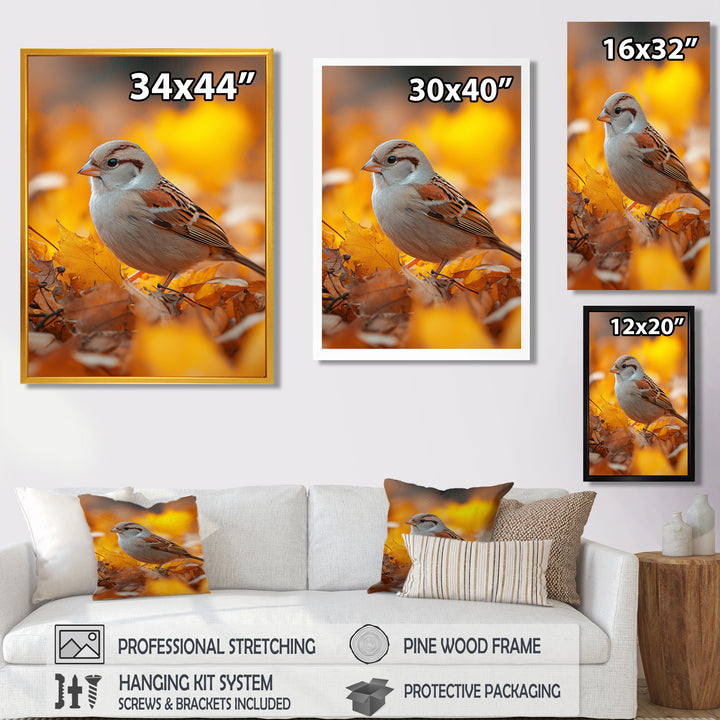Sparrow Bird In The Autumn Leaves - Bird Canvas Wall Art