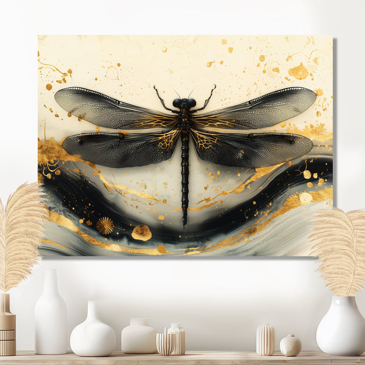 Golden Dragon Fly Flight Of Elegance - Dragonfly Living Room Wall Art