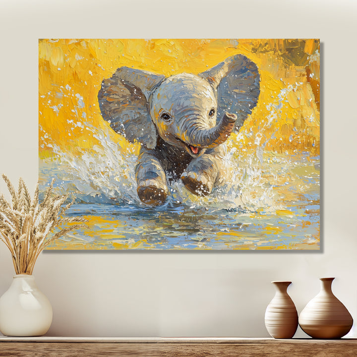 Elephant Calf Playing In The River - Elephant Bedroom Wall Art