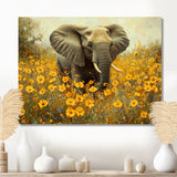 Elephant In The Flowering Grasslands - Yellow Elephant Wall Art