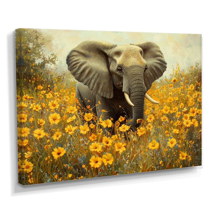 Elephant In The Flowering Grasslands - Yellow Elephant Wall Art