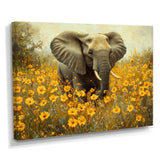 Elephant In The Flowering Grasslands - Yellow Elephant Wall Art