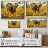 Elephant In The Flowering Grasslands - Yellow Elephant Wall Art
