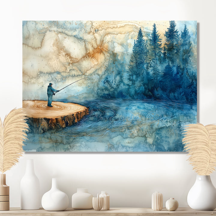 Wood Slide Fishing Into The Winter River - Hunting &amp; Fishing Canvas Wall Art