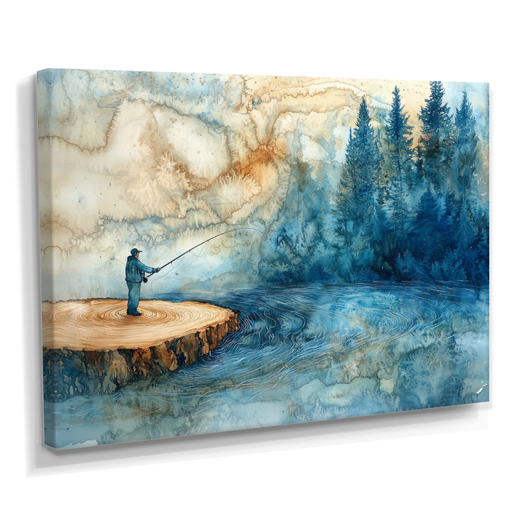 Wood Slide Fishing Into The Winter River - Hunting &amp; Fishing Canvas Wall Art
