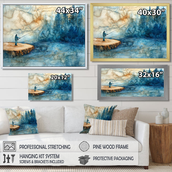 Wood Slide Fishing Into The Winter River - Hunting &amp; Fishing Canvas Wall Art