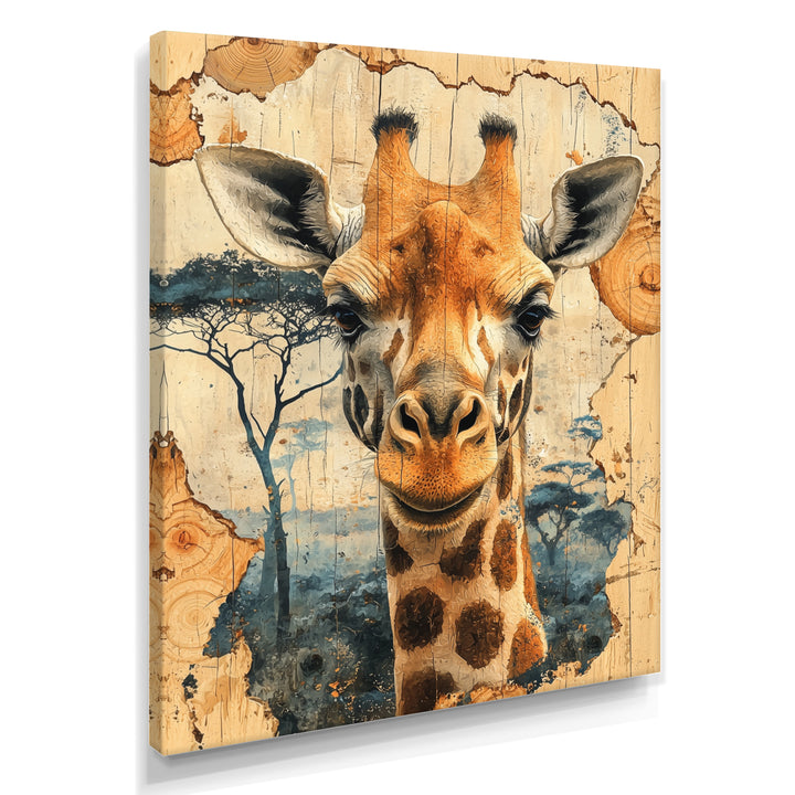 Vintage Giraffe Portrait In African Landscape - Giraffe Bedroom Wall Art