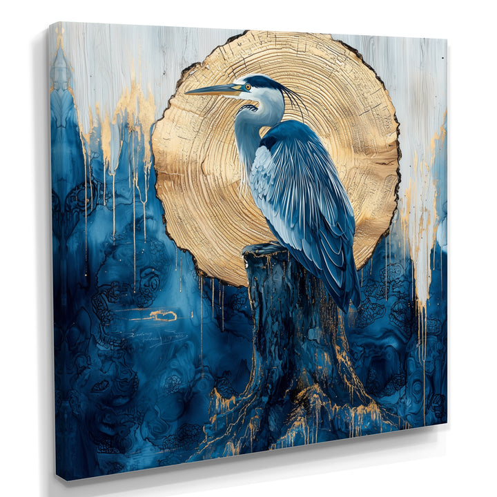 Heron In Golden Moon Chinese Ink Landscape - Heron Bedroom Wall Art