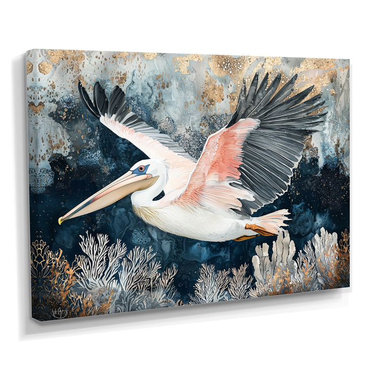 Pelican Flying Above Ocean Landscape - Pelican Wall Art Prints