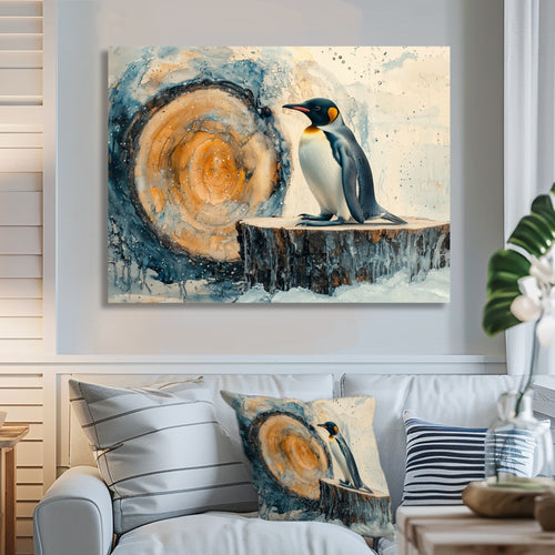 Penguin In A Winter Landscape - Penguin Framed Canvas Art