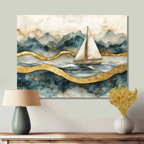 Golden Sailboat On Emerald Ocean I - Boat Wall Art Canvas Wall Art