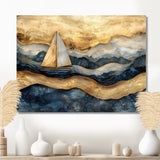 Golden Sailboat On Costal Safire Horizon I - Boat Wall Art Canvas Wall Art