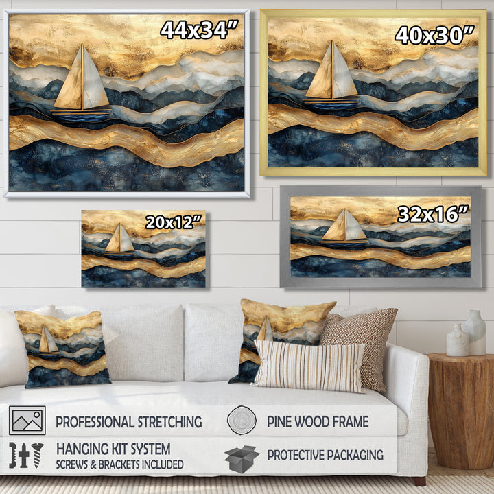 Golden Sailboat On Costal Safire Horizon I - Boat Wall Art Canvas Wall Art
