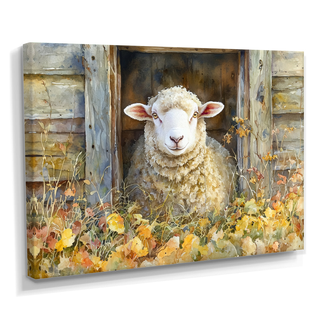 Sheep Floral Portrait At The Barn - Sheep Bedroom Wall Art