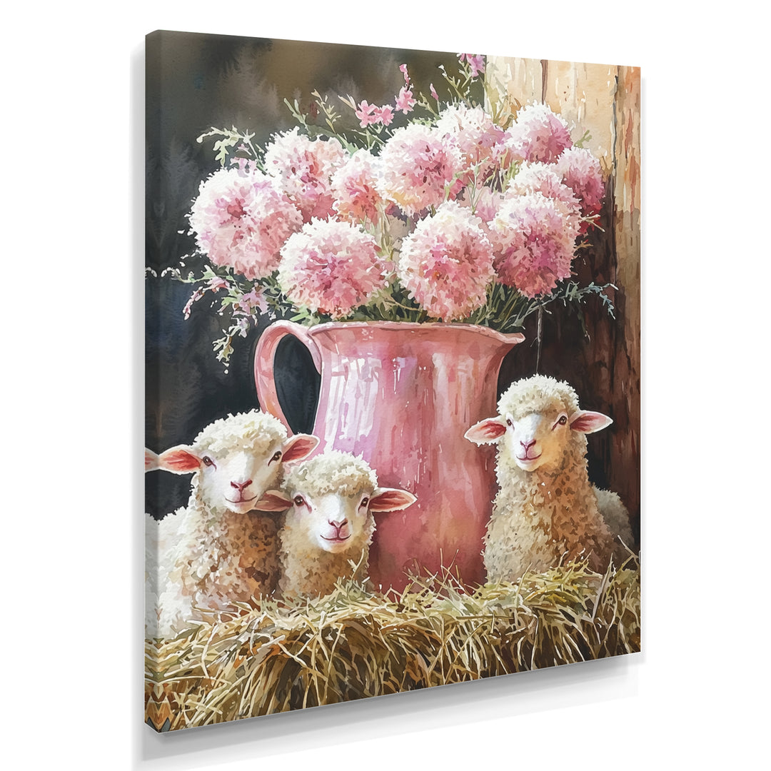 Pink Floral Sheep Portrait At The Barn - Sheep Framed Canvas Art