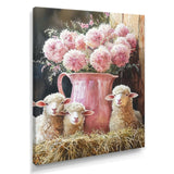 Pink Floral Sheep Portrait At The Barn - Sheep Framed Canvas Art
