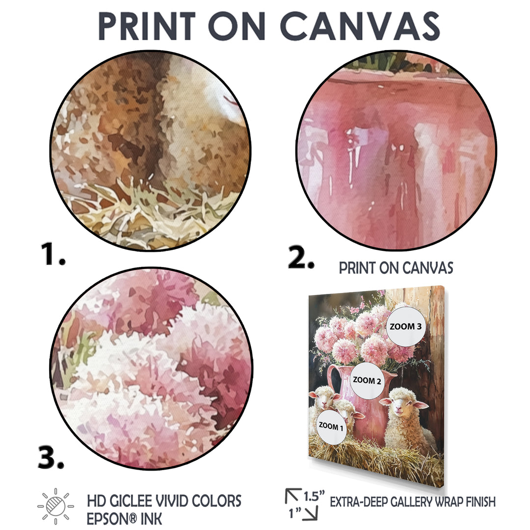 Pink Floral Sheep Portrait At The Barn - Sheep Framed Canvas Art