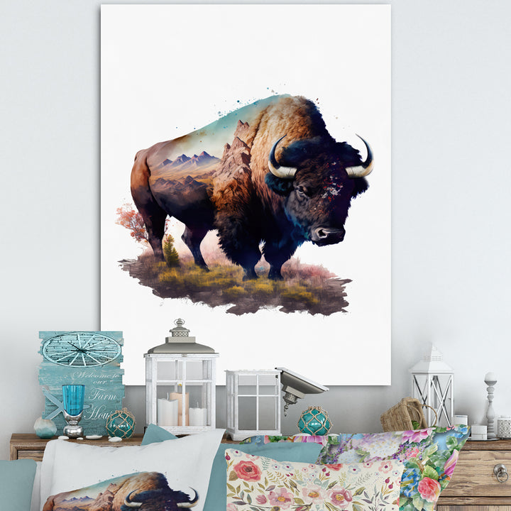 Double Exposure Of A Bull With Nevada Landscape - Buffalo Wall Art Prints
