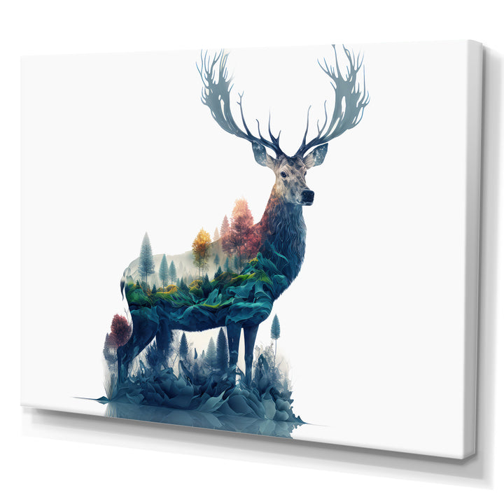 Double Exposure Of A Deer With Forest - Blue Deer Wall Art