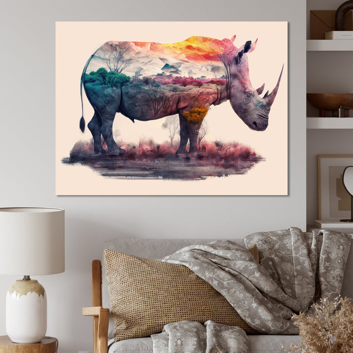 Double Exposure Of A Rhino With African Landscape - Pink Rhinoceros Wall Art