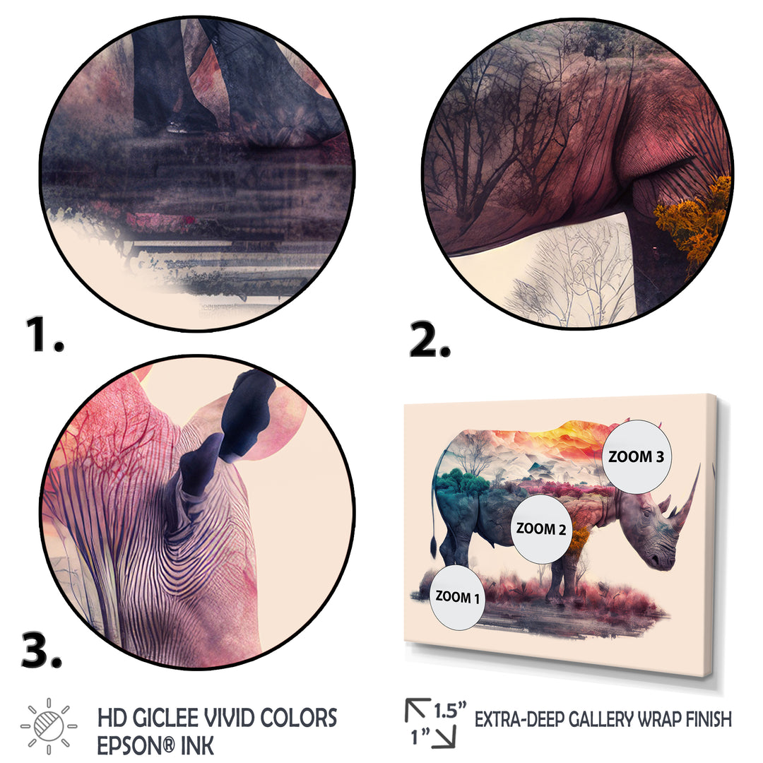 Double Exposure Of A Rhino With African Landscape - Pink Rhinoceros Wall Art