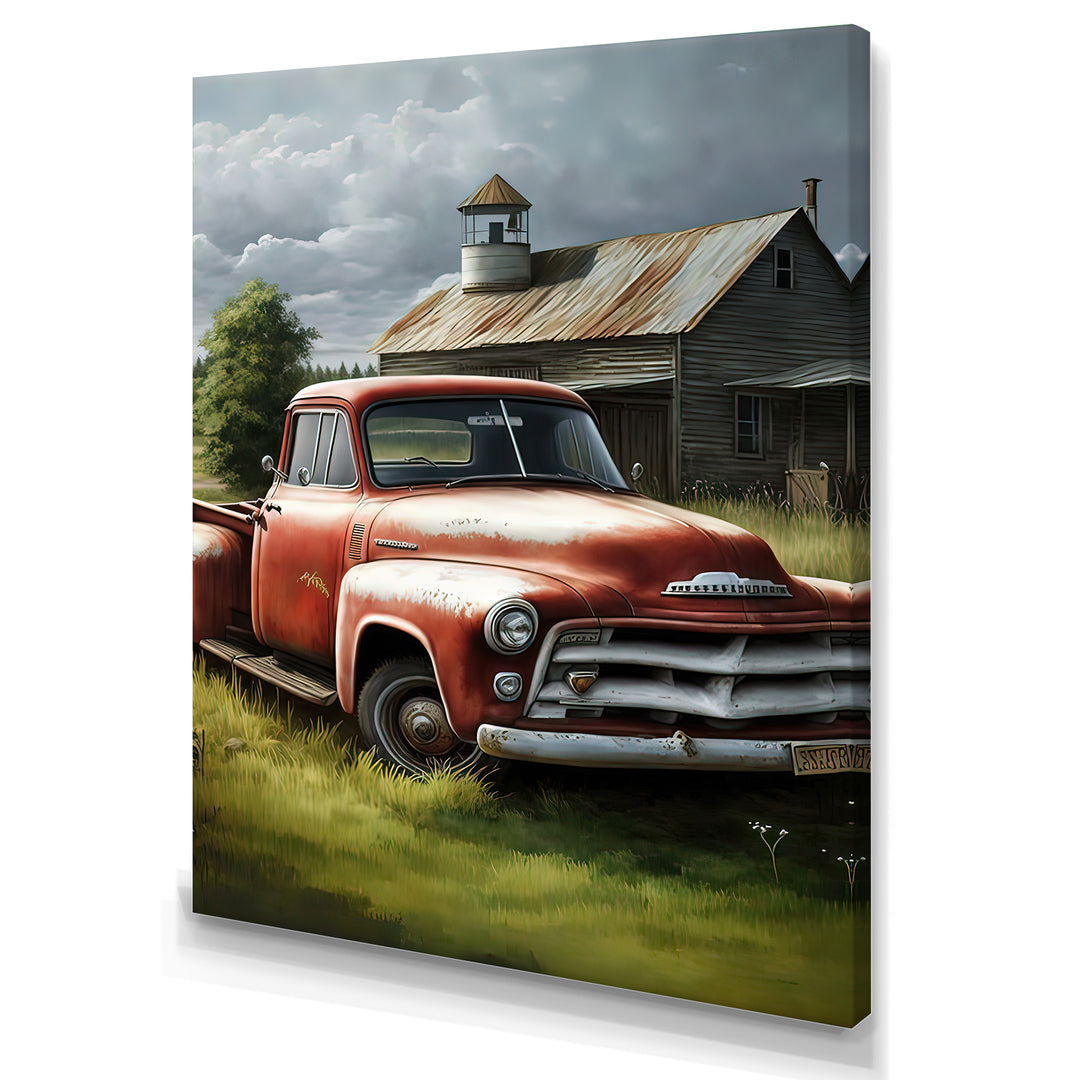 Orange Vintage Truck At The Barn - Car Old American Canvas Wall Art