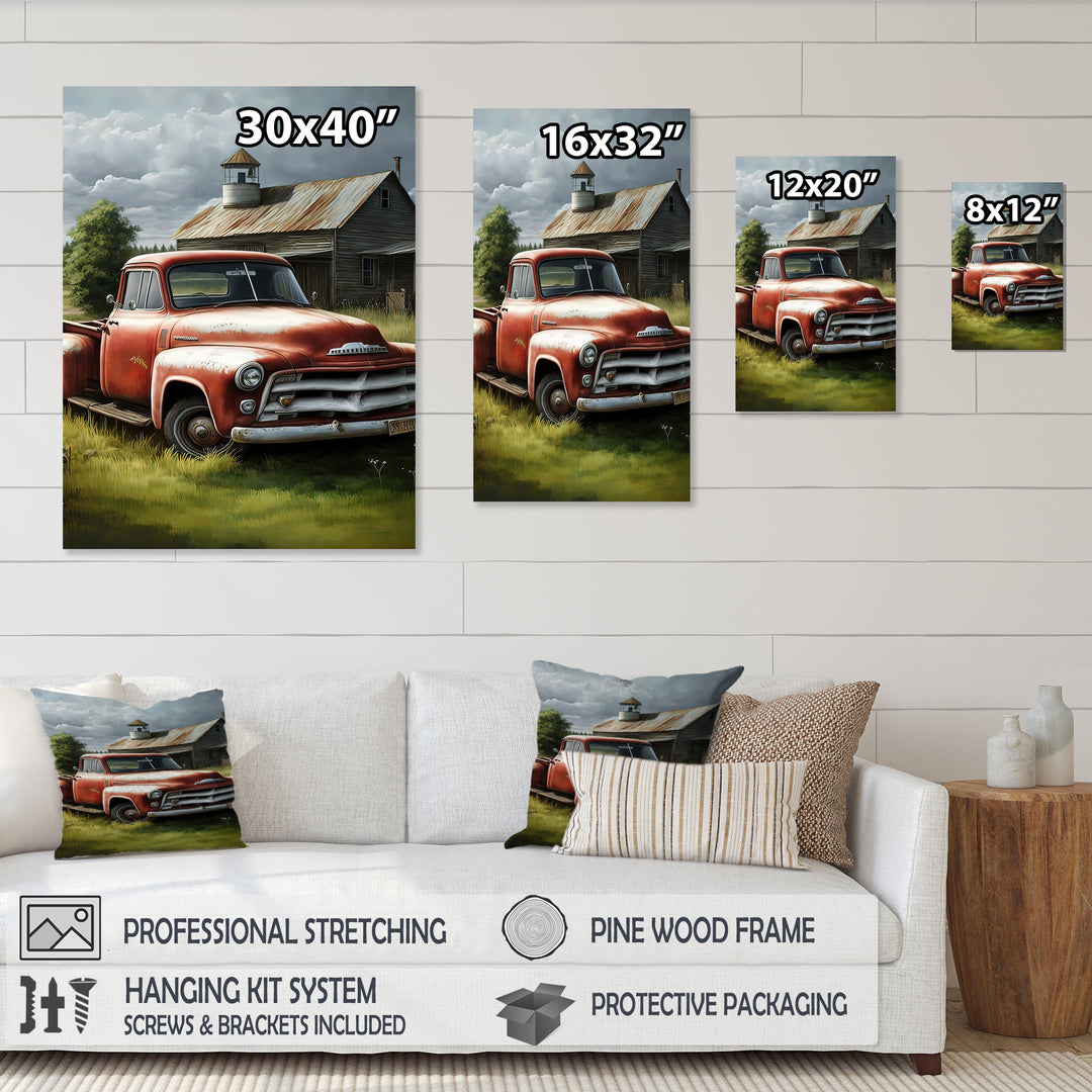 Orange Vintage Truck At The Barn - Car Old American Canvas Wall Art