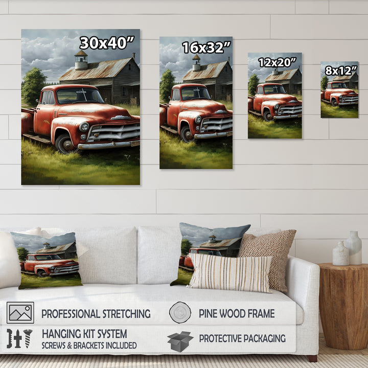 Orange Vintage Truck At The Barn - Car Old American Canvas Wall Art