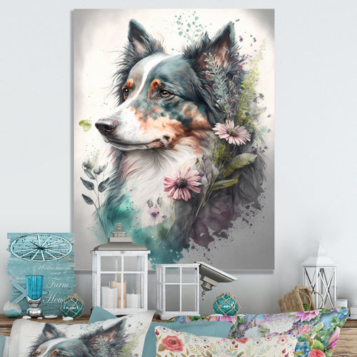 Cute Australian Shepard Floral Art - Dog Australian Shepherd Canvas Wall Art