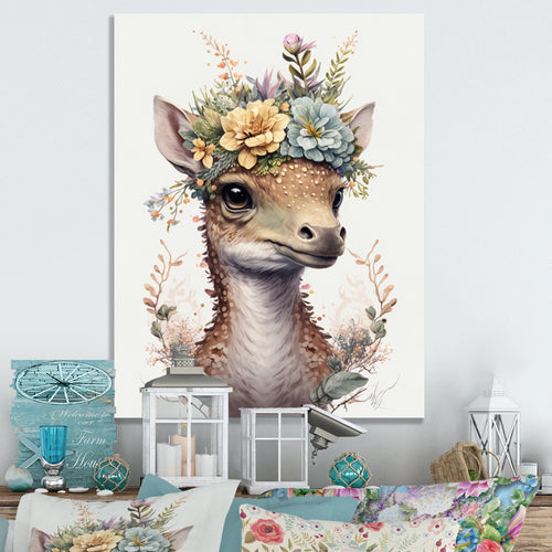 Cute Baby Dinosaur With Floral Crown - Dinosaur Laundry Framed Canvas Art