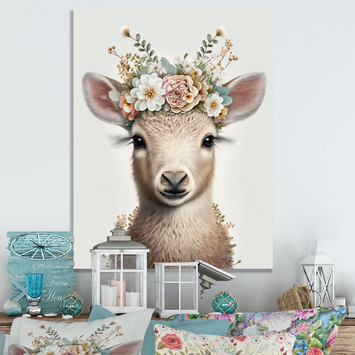 Cute Baby Sheep With Floral Crown - Sheep Living Room Wall Art