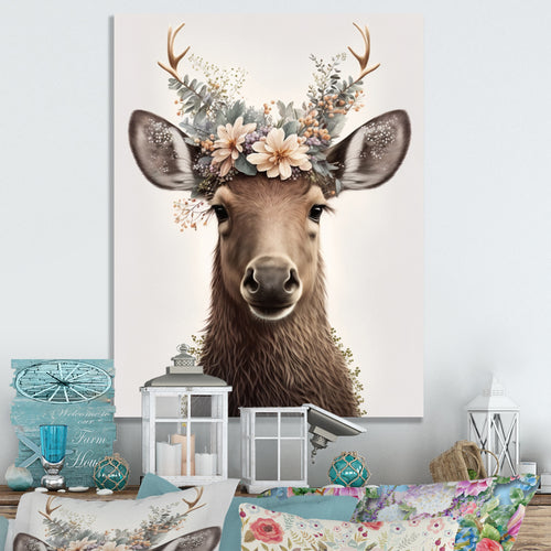 Cute Baby Moose With Floral Crown - Moose Landscape Mountains Wall Decor