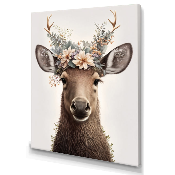 Cute Baby Moose With Floral Crown - Moose Landscape Mountains Wall Decor