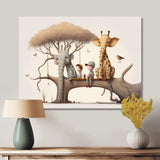 Giraffe And Elephant With Kids - Animals Canvas Wall Art