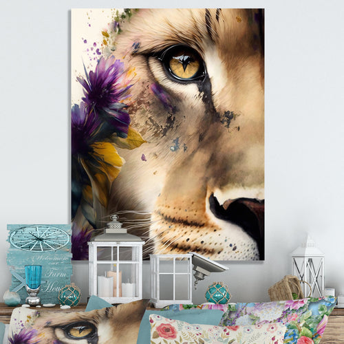 Half Lion Portrait With Flowers - Lion Wall Art Prints