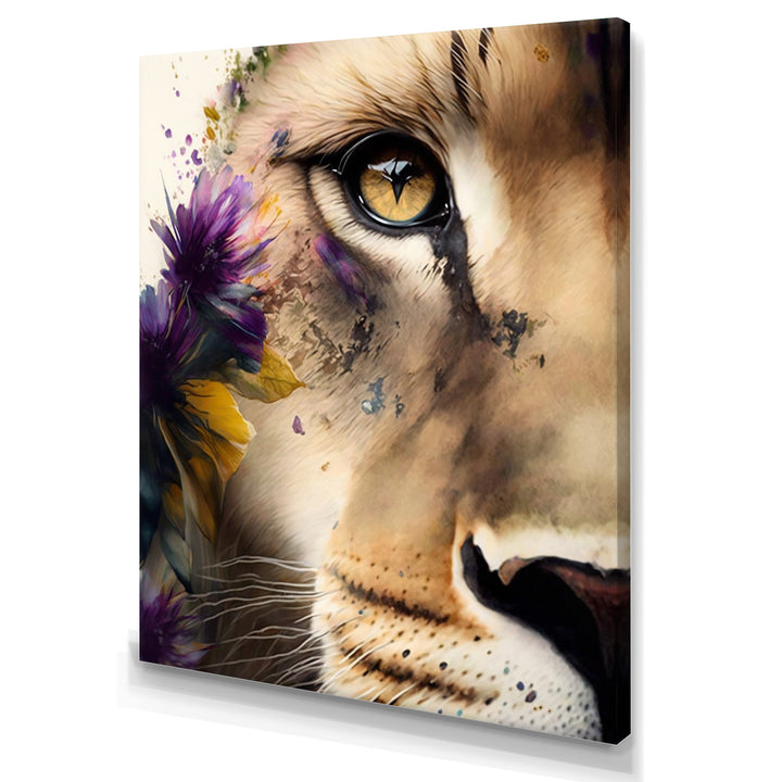 Half Lion Portrait With Flowers - Lion Wall Art Prints