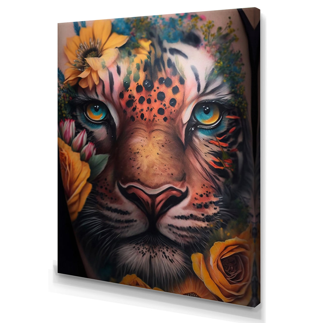 Tiger Tattoo With Flowers - Tiger Large Canvas Wall Art