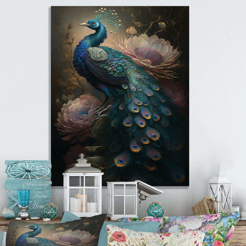 Peacock With Flowers - Animals Canvas Wall Art