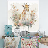 Giraffe In Crib With Flowers - Giraffe Canvas Wall Art